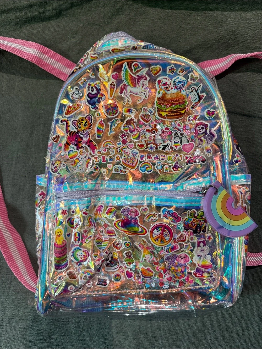 Custom Lisa frank Kids Clear Holographic Pink Backpack with Rainbow Charm
